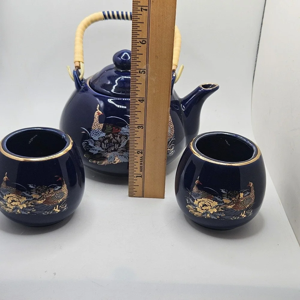 Vintage Cobalt Blue Peacock Tea Set Teapot & 2 Cups Gold Floral
